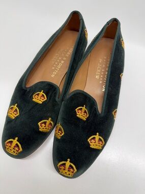 Stubbs & Wootton Smoking Velvet Slip On Flats Shoes Embroidered Crown Green 9